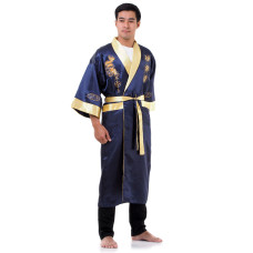 Navy Blue-Gold Japanese Reversible Satin Kimono Robe for Men QKU5M